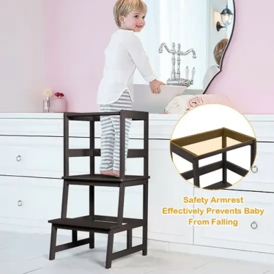 Costway Kids Kitchen Step Stool Wooden Toddler Stand Helper w/ Safety Rail Gray\Brown image {2}