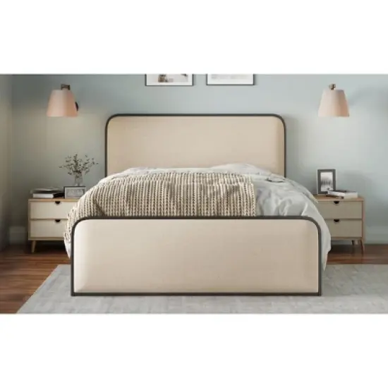 Okak Modern Platform Bed Frame with Curved Upholstered Headboard and Footboard Metal Slats Storage Bed Easy Assembly, Beige image {1}