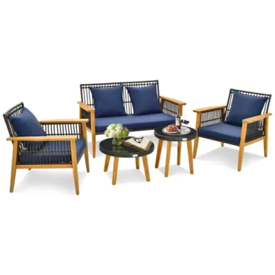 Tangkula 5PCS Rattan Woven Conversation Set Stable Acacia Wood Frame for Backyard Patio image {1}