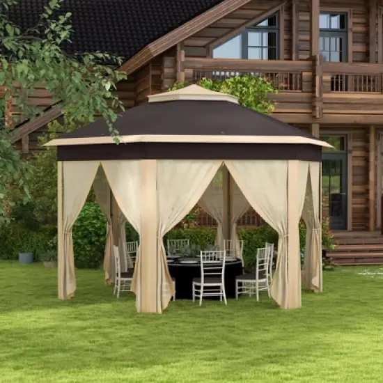 Outsunny 13' x 13' Pop Up Gazebo Hexagonal Canopy with 6 Zippered Mesh Netting, 2-Tier Roof Event Tent with Steel Frame for Patio Backyard image {2}