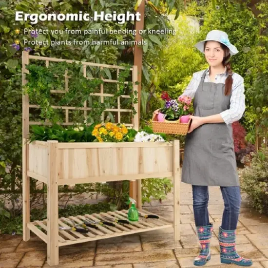 Costway Raised Garden Bed Elevated Wooden Planter Box with Trellis & Open Storage Shelf image {2}