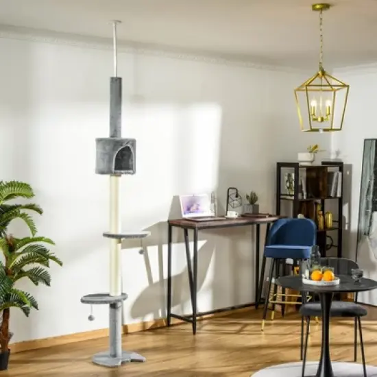 PawHut 85.5" Cat Tree Height Adjustable Floor-to-Ceiling 4-Tier Kitty Climbing Activity Center Condo Cat Toy with Scratching Post Hanging Balls Gray image {2}