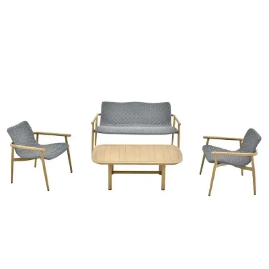 Layout Optimized Outdoor Seating Ensemble 4Piece Sofa & Armchair Set w/ Grid Weave & Planked Table image {12}
