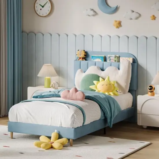 Twin Bed Frame with Bookcase Headboard, Velvet Upholstered Platform - Wooden Slat Support, Noise-Free, No Box Spring Needed, Easy Assembly image {8}