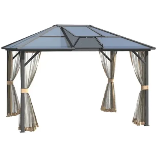 Outsunny Hardtop Polycarbonate Gazebo Canopy Aluminum Frame Pergola with Top Vent and Netting for Garden, Patio, Grey image {6}