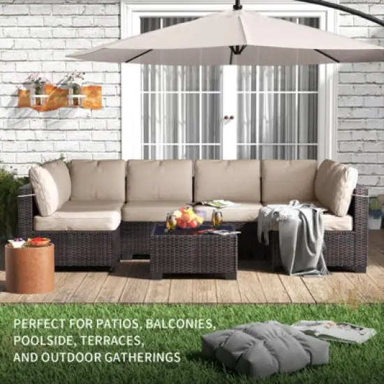 Garvee 7 Piece Outdoor Patio Furniture Set, PE Rattan Wicker Sofa Set, Outdoor Sectional Furniture Chair Set with Cushions and Tea Table image {2}