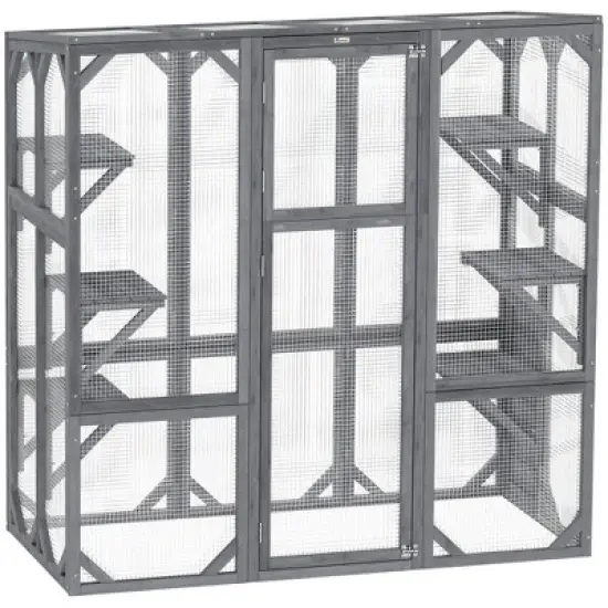 Resenkos Cat Cage, Cat Crate Kennel Enclosure Playpen,Large Wooden Catio Outdoor with 6 Jumping Platforms, Weatherproof Roof,Gray image {11}