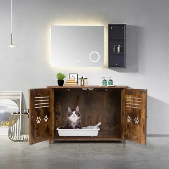 Tangkula Little Cat Box Enclosure Nightstand Cat House w/ Double Doors image {2}