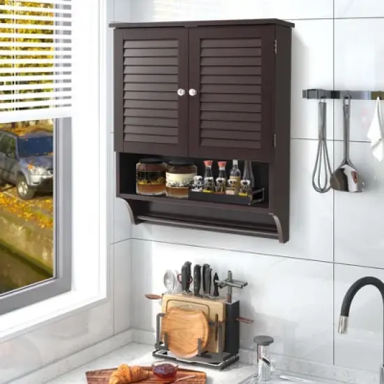 Costway Bathroom Wall Mounted Medicine Cabinet with Louvered Doors & Towel Bar Espresso/Grey/White image {1}