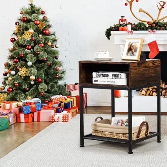 Costway Set of 2 Industrial Nightstand End Side Table W/ Compartment & Mesh Shelf image {4}