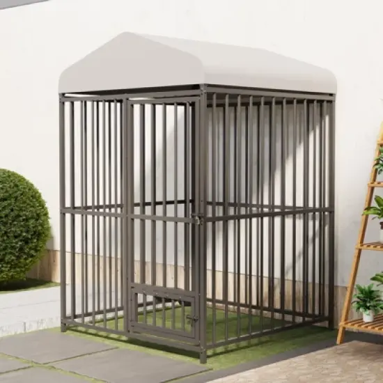 Large Outdoor Dog Kennel, Metal Dog Cage with Waterproof Roof, Rotating Feeding Bowl and Lock, for All Dog Breeds for Backyard image {4}