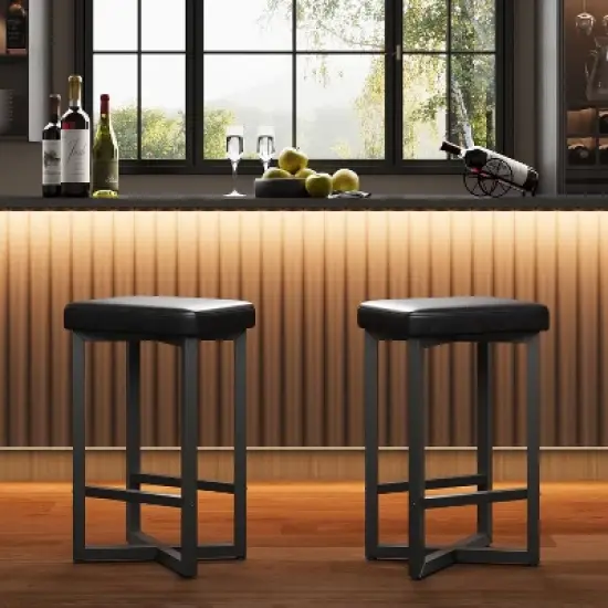 Bar Stools Set of 4, 24.6" Upholstered Counter Height Bar Stools with Metal Frame & Footrest, Modern Backless Kitchen Barstools with PU Leather image {7}