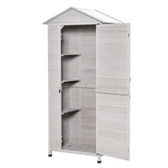 Outsunny 35.5" x 24.75" x 78.75" Wooden Storage Shed Cabinet, Outdoor Tool Shed Organizer with 3 Shelves Handle Magnetic Latch Foot Pad, Light Gray image {3}