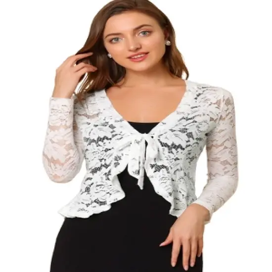 Allegra K Women's Tie Front Crop Cardigan Ruffled Hem Floral Lace Sheer Shrug Top image {8}