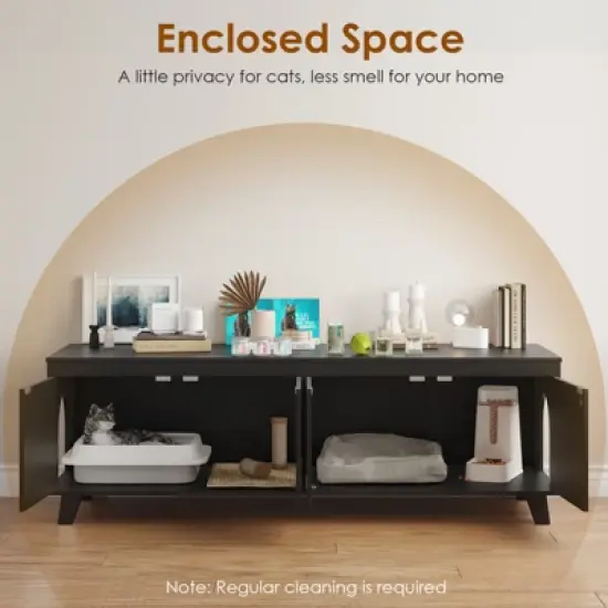 ORRD Double Hidden Cat Litter Box Enclosure Furniture with Rattan Doors - 2-Entrance Cabinet for Two Cats, Odor Control,Black image {2}