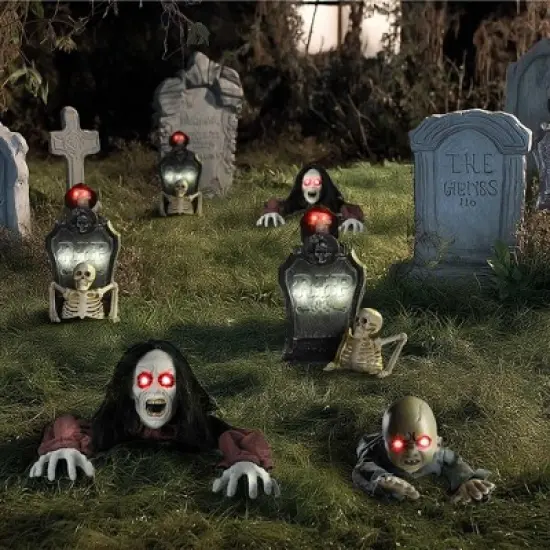 Yescom 15" Animated Halloween Tombstone & Half Skeleton with 6" Zombie Groundbreaker Black image {1}