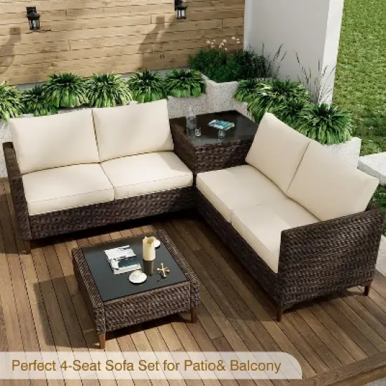 Acekool 4 Piece Black PE Wicker Patio Furniture Set with Storage Table, Sectional Conversation Sofa, Glass Top & Beige Cushions for Outdoor Spaces image {5}