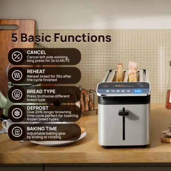 Whall New 4-slice toaster, Smarter Screen And Easier Operation, Full Stainless Steel,5 Basic Functions,Suitable For Different Bread Household Electric image {3}