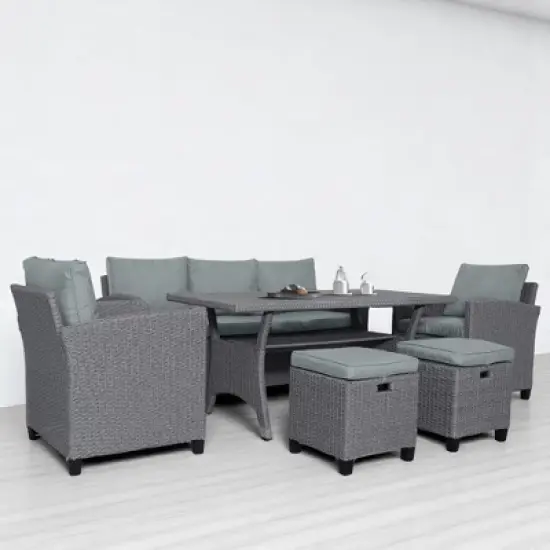 Mshliw 6-Piece Outdoor Rattan Wicker Patio Set - Sofa, Chairs, Stools, and Table, Weather-Resistant, Cushions Included image {1}