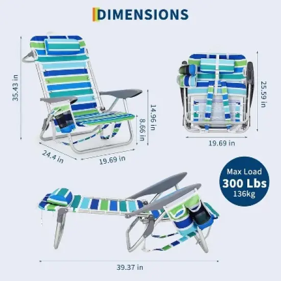Backpack Beach Chair, Lightweight Portable Lay Flat Folding Beach Chair with 5 Reclining Positions, Backpack Straps, Phone Pocket, Cup Holder image {2}