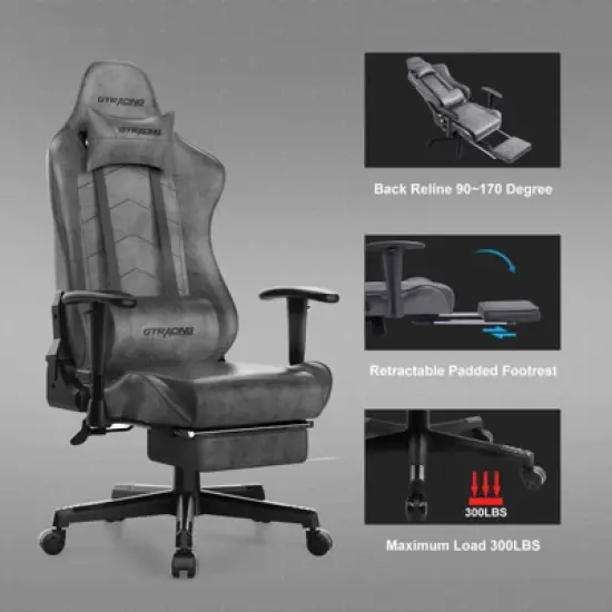 GTRACING Gaming Chair with Footres Ergonomic Recliner Office Chair with Lumbar Support Gray image {5}