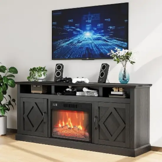 Acekool 67" Fireplace TV Stand - Built-in 23" Heater with Adjustable LED Flames, Glass Doors & Remote for Living Room image {7}