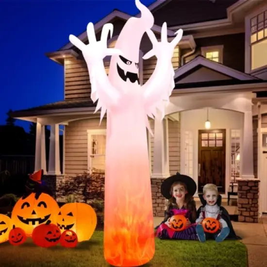 Tangkula 12 FT Halloween Inflatable White Ghost with Rotatable Flame LED Lights&Air blower Blow Up Halloween Decoration image {6}