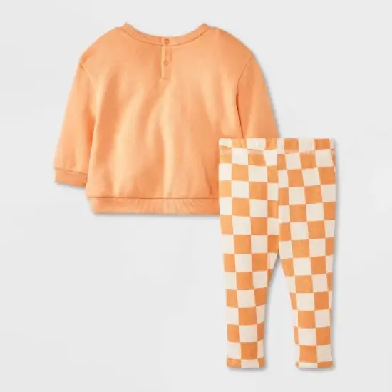 Baby 2pc Teddy Bear Halloween Pumpkin Pullover & Checkered Bottom Set - Orange image {1}
