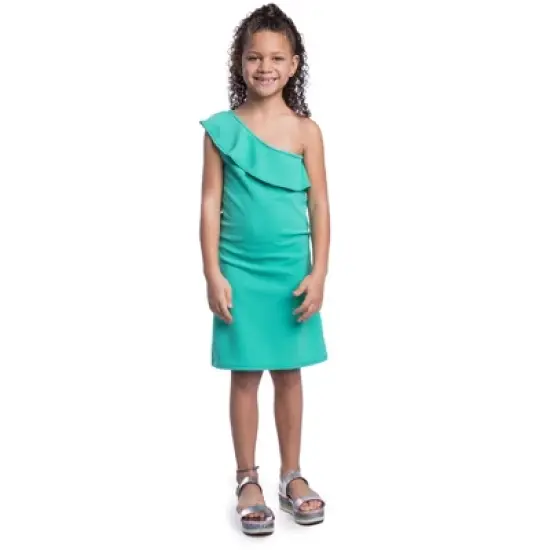 24seven Comfort Apparel Girls Solid Color One Shoulder Ruffle Knee Length Dress image {7}