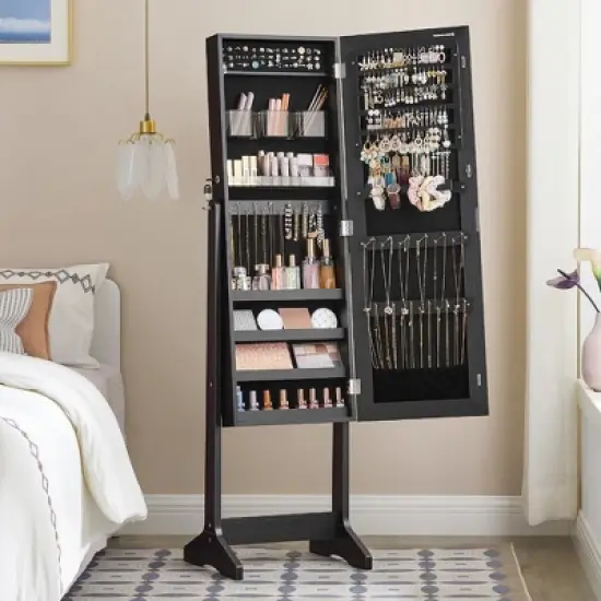 Jewelry Cabinet Armoire, Freestanding Lockable Storage Organizer with 2 Plastic Cosmetic Storage, Full-Length Frameless Mirror for Necklace Earring image {4}