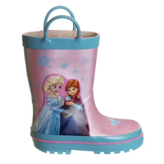 Frozen Elsa Anna Princess Rubber Rainboots - Waterproof Lightweight Easy On with Easy Pull Handles - Pink / Blue (7-1 Toddler / Little Kid / Big Kid) image {1}
