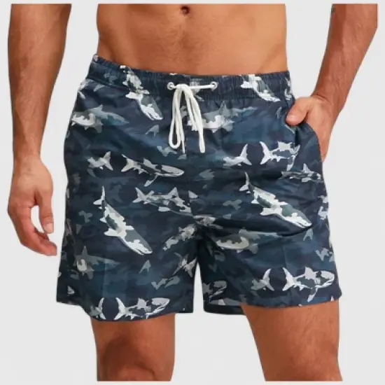 Anna-Kaci Men's Shark Camo Print Swim Trunks with Adjustable Drawstring and Side Pockets image {5}
