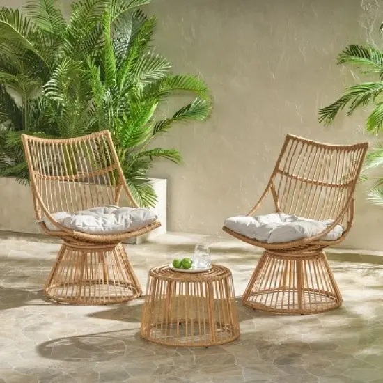 Christopher Knight Home Berton&nbsp;Outdoor Wicker Club Chairs and Side Table Set with Cushion image {9}
