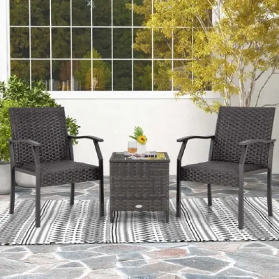 Costway 3 PCS Patio Conversation Set Wicker Chair Tempered Glass Table Cushioned Seat image {3}