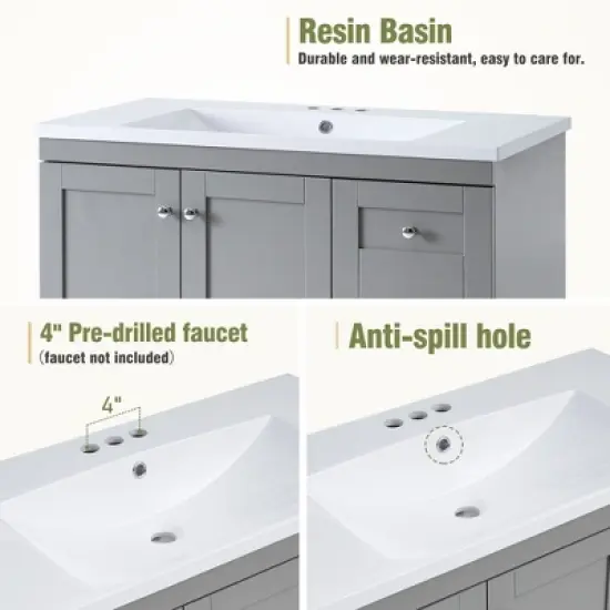 36"W Shaker Style Free-Standing Bathroom Vanity Cabinet with Resin Sink, 4 Drawers and 2 Soft-Close Doors - ModernLuxe image {8}