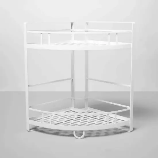 Punched Metal 2-Tier Corner Shelf White - Brightroom&trade;: Kitchen Storage Organizer, Iron Under Sink Shelf image {3}