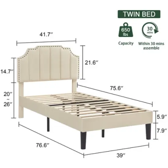 VECELO Upholstered Platform Bed Frame with Tufted Adjustable Headboard, Mattress Foundation, Wood Slat Support, Bed Frame image {2}