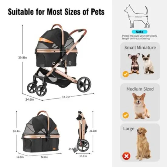EchoSmile Black Lightweight Folding Pet Stroller with Detachable Carrier image {1}