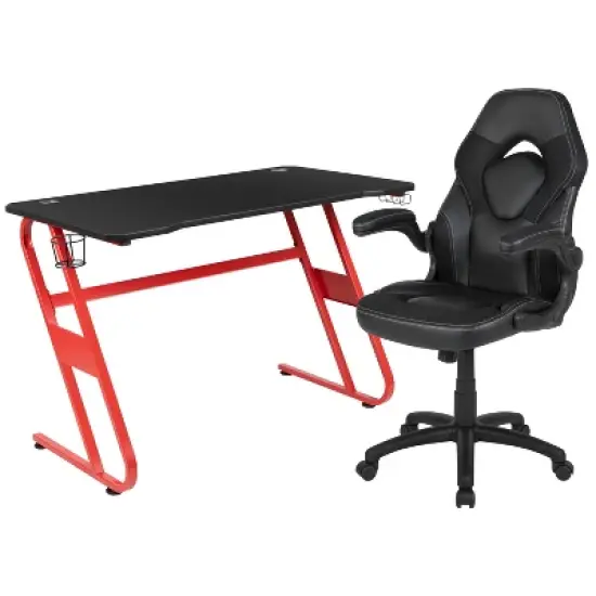 Emma and Oliver Gaming Bundle-Red Desk, Cup Holder, Headphone Hook and Black Chair image {9}