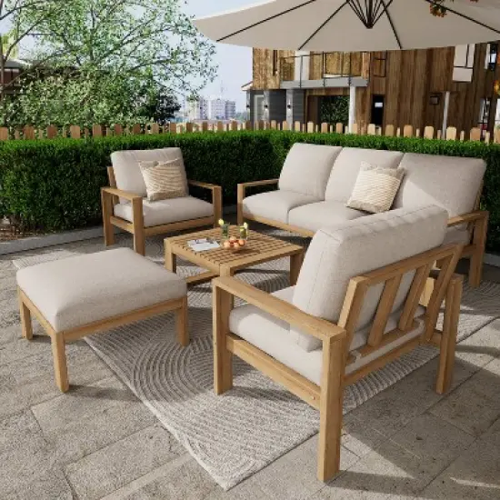 FIONECA 5-Piece Acacia Wood Outdoor Sectional Sofa Set with Cushions image {1}