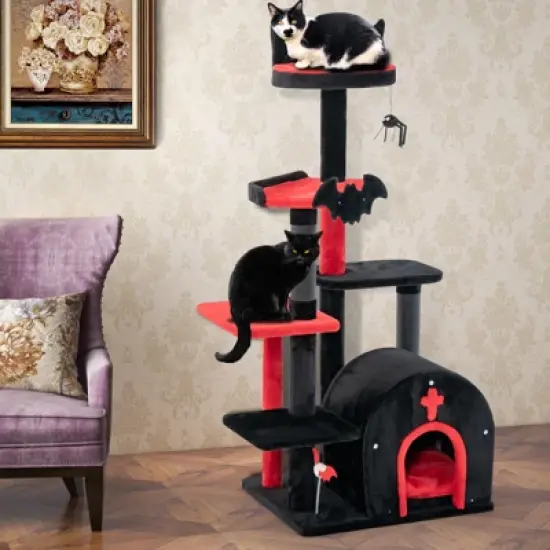 Costway 6-Tier Gothic Cat Tree 53&rdquo; Tall Cat Tower w/ Cat Bed Arch-Shaped Condo Pompom image {5}