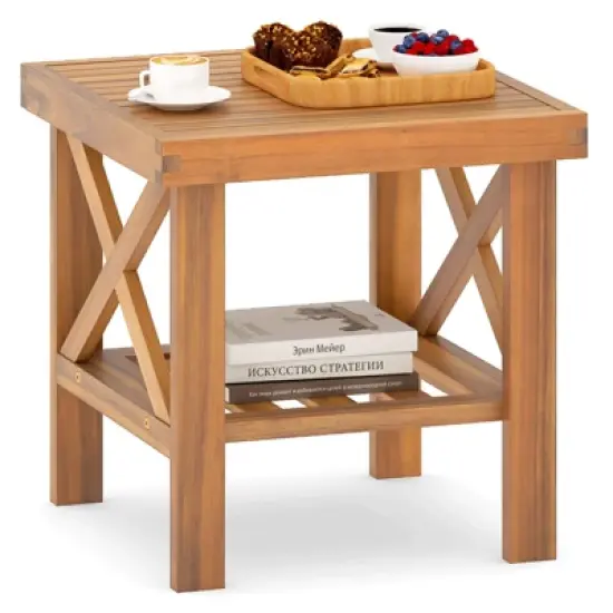 Tangkula Outdoor Side Table Acacia Wood Adirondack Table w/ Storage Shelf Natural image {10}