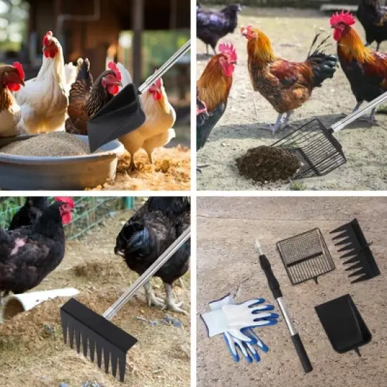 Garvee 3-in-1 Chicken Coop Cleaning Tool with Rake, Shovel & Scoop &ndash; Adjustable Stainless Steel Handle for Poultry Waste, Sand & Bedding image {2}