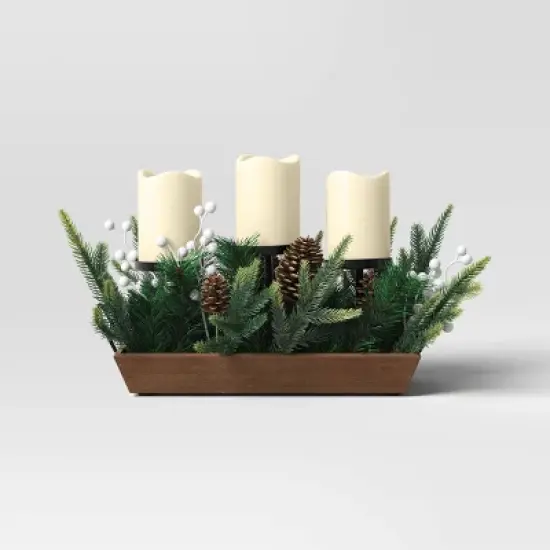 Battery Operated Flameless Pillar Candle and Black Candle Holder in Wood Tray with Faux Christmas Greenery - Wondershop&trade; image {2}