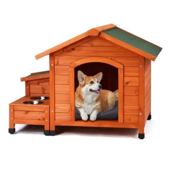 phiestina Wooden Feral Dog House, 32"x34.5"x29.5", with Food Bowl & Storage Bucket for Indoor/Outdoor Use image {11}
