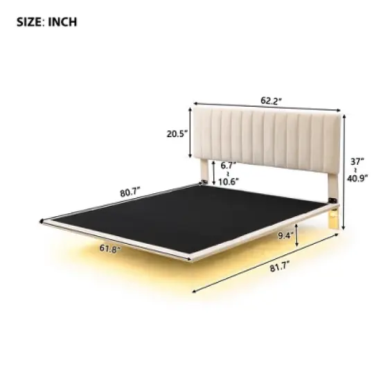 Queen Size Upholstered Floating Velvet Platform Bed with Sensor Light and Headboard-ModernLuxe image {2}