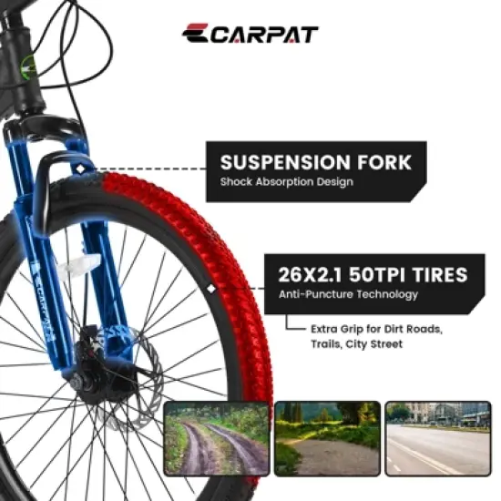 INFURNIC Bicycles 26 Inch Mountain Bike with Shimano 21 Speeds and Mechanical Disc Brakes for Trail Riders, Green, 71"*25"*39.3" image {4}