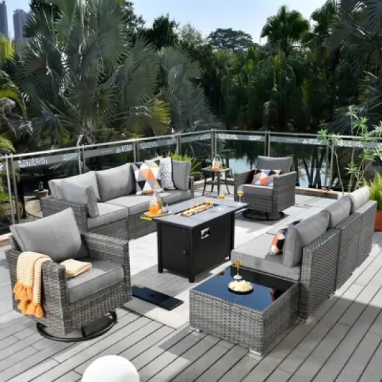 Ovios Venice 11pc Wicker Outdoor Patio Furniture Set Conversation Sofa with a Metal Fire Pit, Swivel Chairs and Cushions image {19}