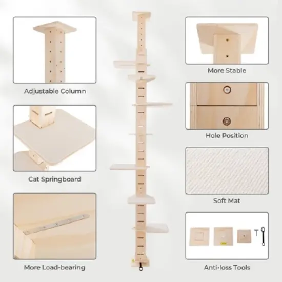Sandinrayli Floor to Ceiling Cat Tree Tower for Indoor Large Cats 7 Tier Tall Cat Climbing Pole 98-114 inches, Wood image {3}