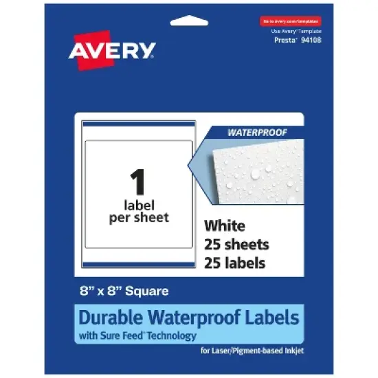 Avery Durable Waterproof Square Labels with Sure Feed, 8" x 8" image {10}